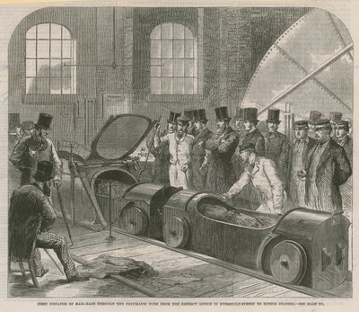 Eerste verzending van postzakken door de pneumatische buis door English School