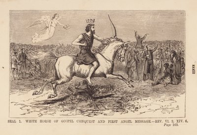 Eerste zegel, wit paard van evangelieverovering en eerste engelenboodschap (gravure) door English School