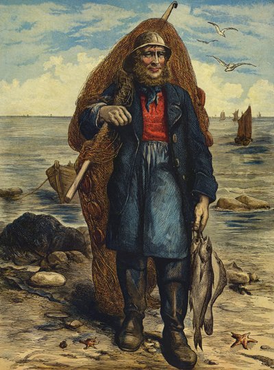 Visser die zijn netten draagt en zijn vangst vasthoudt (gekleurde gravure) door English School