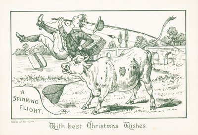 Visser gegooid door stier, kerstkaart door English School