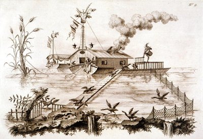Vissen met aalscholvers met behulp van een waterboot en omheind gebied, illustratie uit 