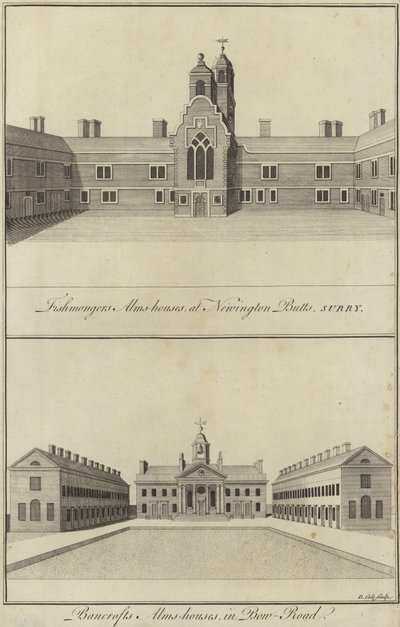 Fishmongers Almshouses, Newington Butts en Bancrofts Almshouses, Bow Road, Londen door English School