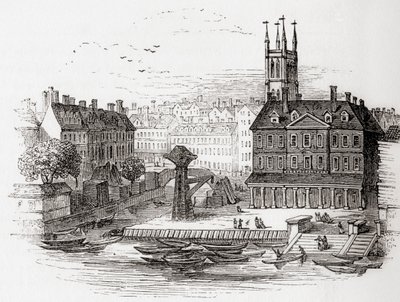 Fleet Ditch, Londen, Engeland in 1749 op het punt waar het uitmondde in de Theems bij Bridewell, uit Old England: A Pictorial Museum, uitgegeven 1847 door English School
