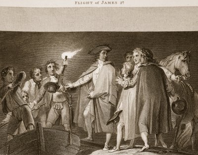 Vlucht van James II, illustratie uit David Humes The History of England, uitgegeven door R. Bowyer, Londen, 1812 door English School
