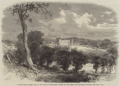 Floors Castle, Kelso, Zetel van de Hertog van Roxburghe, bezocht door de Prins en Prinses van Wales (gravure) door English School