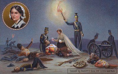 Florence Nightingale behandelt gewonde Britse soldaten op het slagveld, Krimoorlog door English School