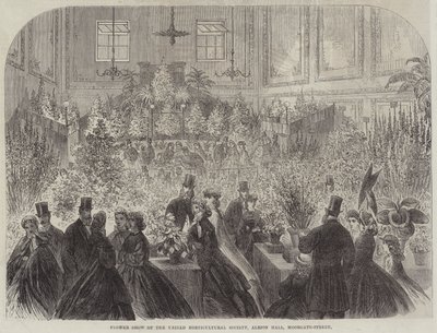 Bloemenshow van de United Horticultural Society, Albion Hall, Moorgate-Street (gravure) door English School