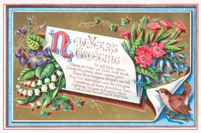 Bloemen en vogel, nieuwjaarskaart door English School