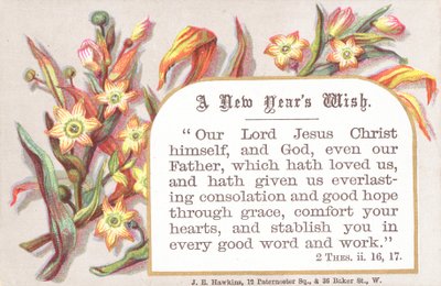 Bloemen en religieus vers, nieuwjaarskaart door English School