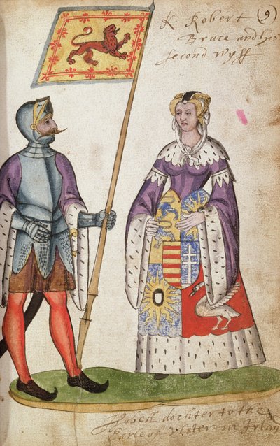 Fol.9 Robert de Bruce en zijn tweede vrouw, Elizabeth de Burgh, uit de Seton Armorial, 1591 door English School