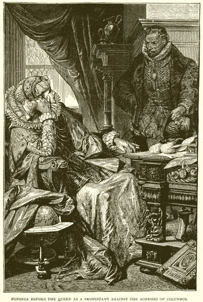 Fonseca voor de koningin als protestant tegen de plannen van Columbus door English School