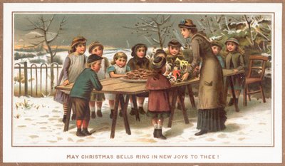 Eten en speelgoed op een schraagtafel voor kinderen, Kerstkaart door English School