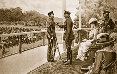 Voor moed: Koning George decoreert soldaat Thomas Hughes van de Connaught Rangers met het Victoria Cross in Hyde Park, 2 juni 1917 door English School