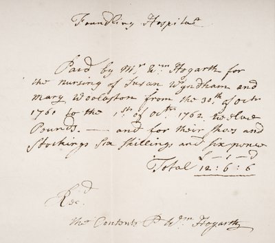 Ontvangstbewijs van het vondelingenhuis, ondertekend door William Hogarth door English School