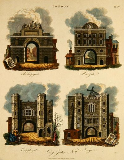 Vier Stadspoorten: Bishopsgate, Moorgate, Cripplegate en Newgate, gegraveerd door J. Pass, gepubliceerd door G. Jones door English School
