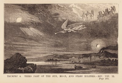 Vierde engel die op zijn bazuin blaast en de zon, maan en sterren verduistert (gravure) door English School