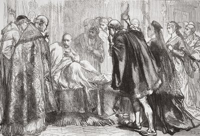 Frans I op zijn sterfbed, illustratie uit De Geschiedenis van het Protestantisme door James Aitken Wylie, gepubliceerd in 1878 door English School