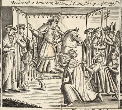 Frederik I, keizer, houdt de stijgbeugel van de paus aan de verkeerde kant vast, illustratie uit Handelingen en Monumenten van John Foxe, negende editie, uitgegeven 1684 door English School