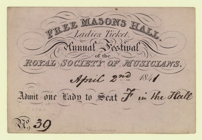 Vrijmetselaarszaal, Dameskaart, Jaarlijks Festival, Koninklijke Vereniging van Musici, 2 april 1841 door English School