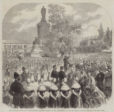 Gratis opening van de tuinen van de Royal Horticultural Society op de verjaardag van de overleden prins-gemaal (gravure) door English School