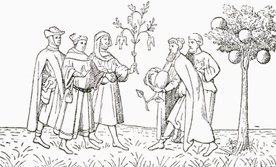 Broeder Oderic van Pordenone met een tak van een boom waarop vogels groeien, getoond door de lokale koning, de Lamboom van Tartary, met een lam dat tevoorschijn komt, illustratie uit The Strand Magazine door English School