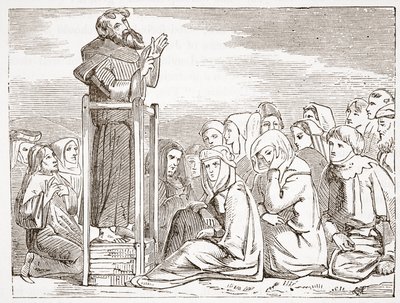 Monnik preekt vanuit een verplaatsbare preekstoel, illustratie uit De Geschiedenis van het Protestantisme door James Aitken Wylie, 1878 door English School