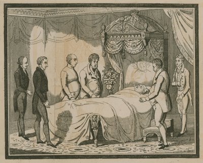Vrienden omringen het bed van een stervende man door English School