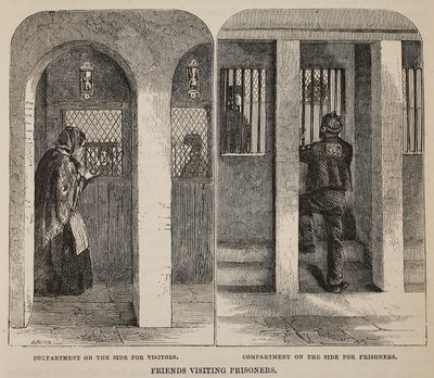 Vrienden die gevangenen bezoeken, illustratie uit The Criminal Prisons of London and Scenes from Prison Life door Henry Mayhew en John Binny, uitgegeven in 1862 door English School