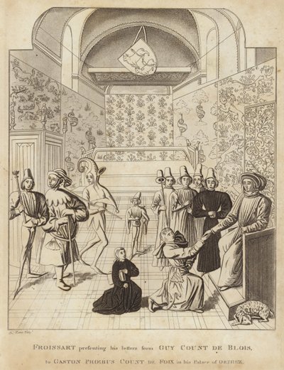 Froissart presenteert zijn brieven van Guy Court de Blois aan Gaston Phoebus Graaf van Foix in zijn paleis van Orthez door English School