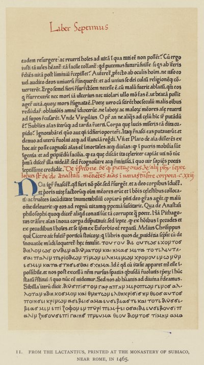Uit de Lactantius, gedrukt in het klooster van Subiaco, nabij Rome, in 1465 door English School