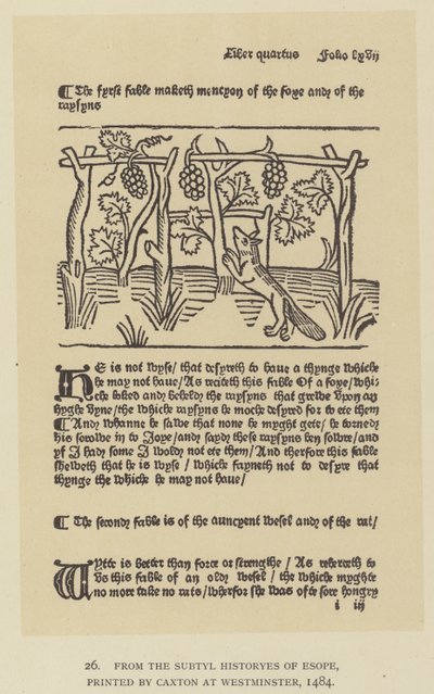 Uit de Subtyl Historyes van Esope, gedrukt door Caxton in Westminster door English School