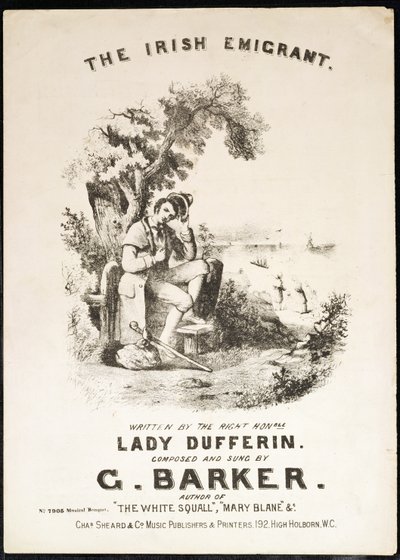 Voorkant van de partituur voor The Irish Immigrant, geschreven door Lady Dufferin, gecomponeerd door G. Barker door English School