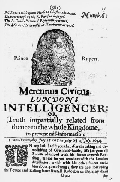 Voorpagina van Mercurius Civicus, gepubliceerd in 1644 door English School