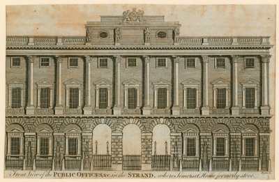 Vooraanzicht van de openbare kantoren in de Strand waar Somerset House vroeger stond door English School