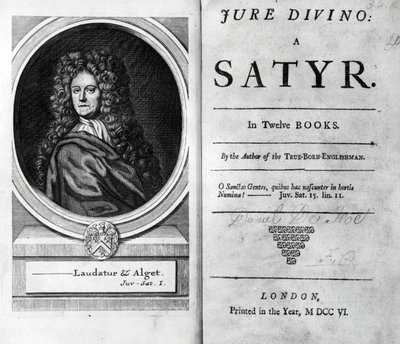 Frontispice en Titelpagina voor Jure Divino: A Satyr door Daniel Defoe, gepubliceerd 1706 door English School