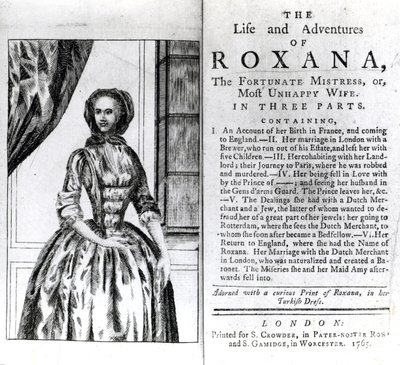 Frontispice en Titelpagina voor The Life and Adventures of Roxana door Daniel Defoe, gepubliceerd 1765 door English School