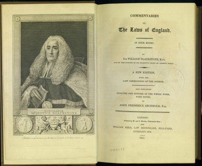 Frontispice en titelpagina uit Commentaries on the Laws of England in Four Books, door Sir William Blackstone, Knt., uitgegeven door M. en S. Brooke, Londen, 1811 door English School