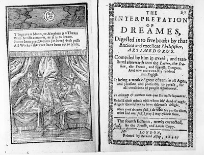 Frontispice en titelpagina van De interpretatie van dromen door Artemidorus, Engelse editie gepubliceerd in 1644 door English School