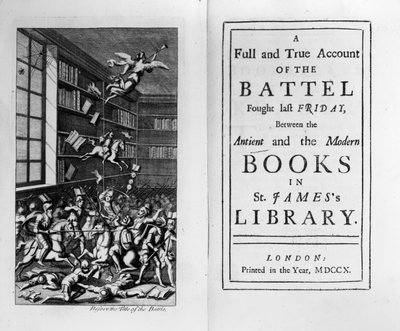 Frontispice en titelpagina van The Battle of the Books door Jonathan Swift, gepubliceerd in 1710 door English School