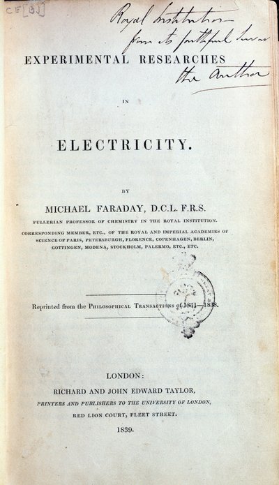 Frontispice voor Experimentele Onderzoeken in Elektriciteit door Michael Faraday (1791-1867) gepubliceerd 1839 door English School