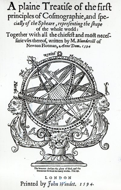 Frontispice van A Plain Treatise of the First Principles of Cosmographie door Thomas Blundeville, gepubliceerd in 1594 door English School