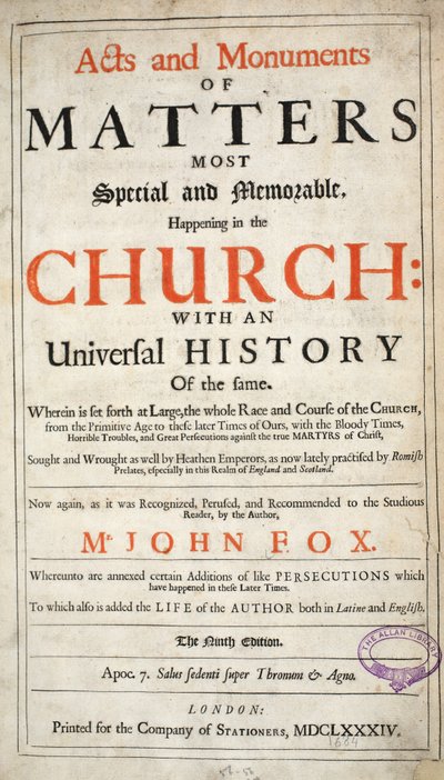 Frontispice, uit Handelingen en Monumenten van John Foxe, negende editie, uitgegeven 1684 door English School