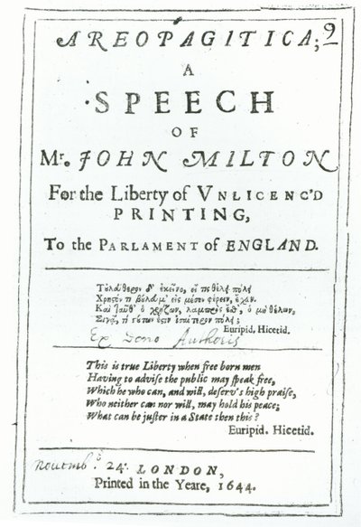 Frontispice van Areopagitica, een toespraak van John Milton, uitgegeven in 1644 door English School