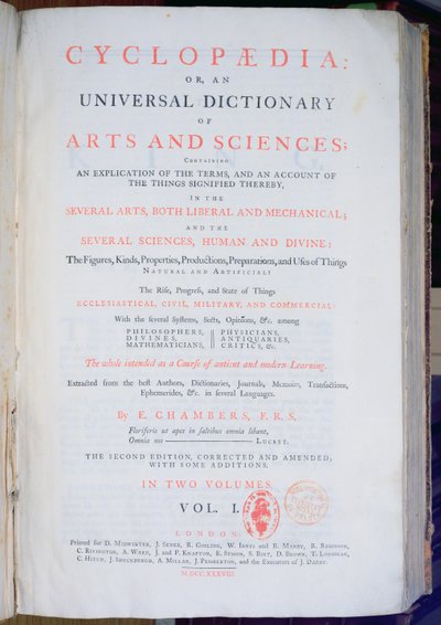 Frontispice van Encyclopaedia: An Universal Dictionary of Arts and Sciences, Vol. I, door Ephraim Chambers, Londen, 1738 door English School