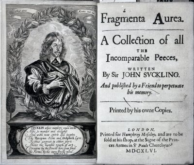 Frontispice van Fragmenta Aurea, een verzameling van alle onvergelijkbare stukken geschreven door Sir John Suckling, gepubliceerd in 1646 door English School
