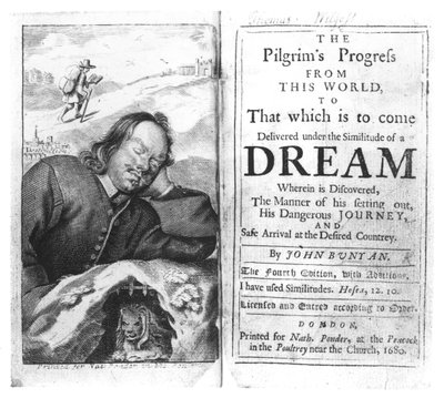 Frontispice van De Pelgrimsreis door John Bunyan (1628-88) uitgegeven in 1680 door English School