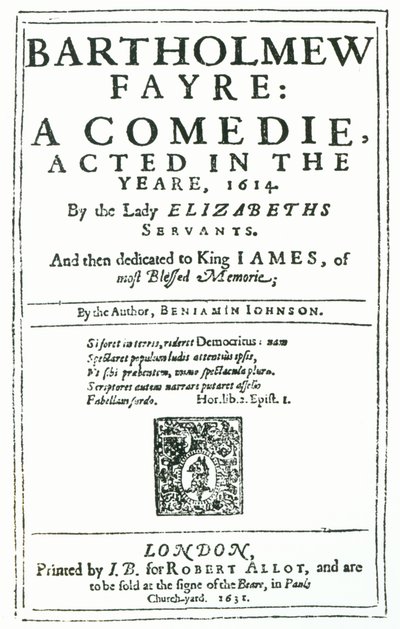 Frontispice van Bartholomew Fayre: Een komedie door Benjamin Jonson (15723-1637) 1631 door English School