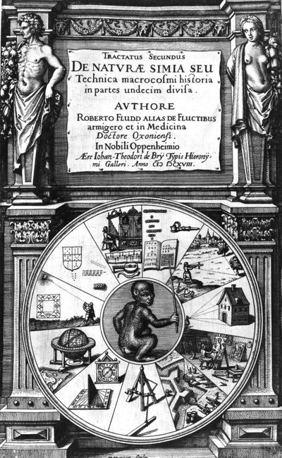 Frontispice van Robert Fludds Utriusque Cosmi Historia, Tractatus Secundus de Naturae Simia Sue Tecnica Macrocosmi, Frankfurt, 1624 door English School