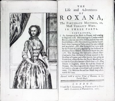 Frontispice van Roxana, The Fortunate Mistress door Daniel Defoe, editie uitgegeven in 1765 door English School