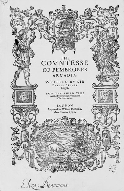 Frontispice voor The Countess of Pembrokes Arcadia, 1592, door Sir Philip Sidney (1554-86), Derde editie, pub.1598 door English School